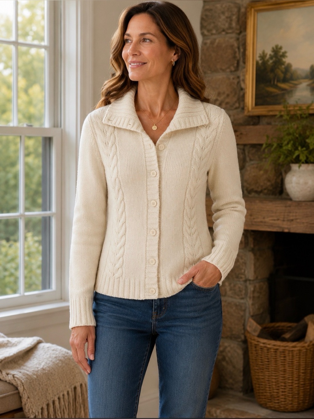 L.L.Bean Cream Cable Knit Cardigan Large Wool Blend Shawl Collar